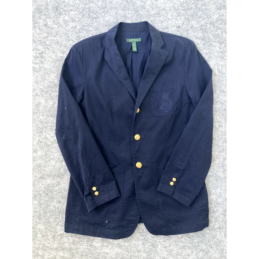 VTG Ralph Lauren Jacket Womens Medium Navy Blue Gold Buttons Embroidered Crest